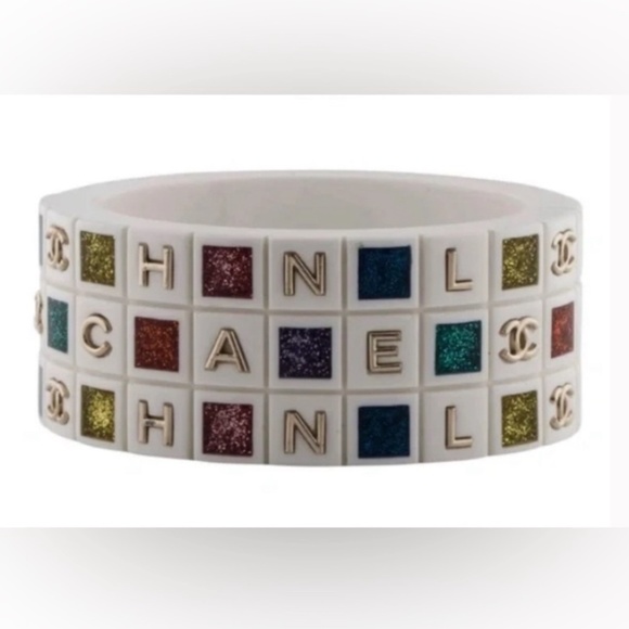 *CHANEL* AUTHENTIC White Resin Colorful Logo Cuff Bracelet - Picture 1 of 3